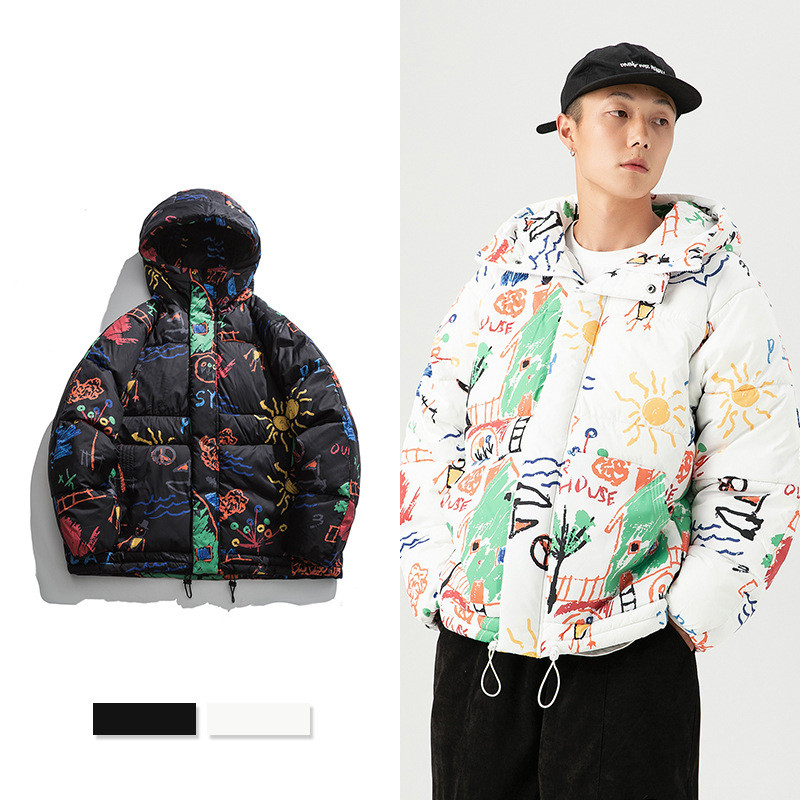 New Trendy Brand Graffiti Print Loose Cotton Coat For Men