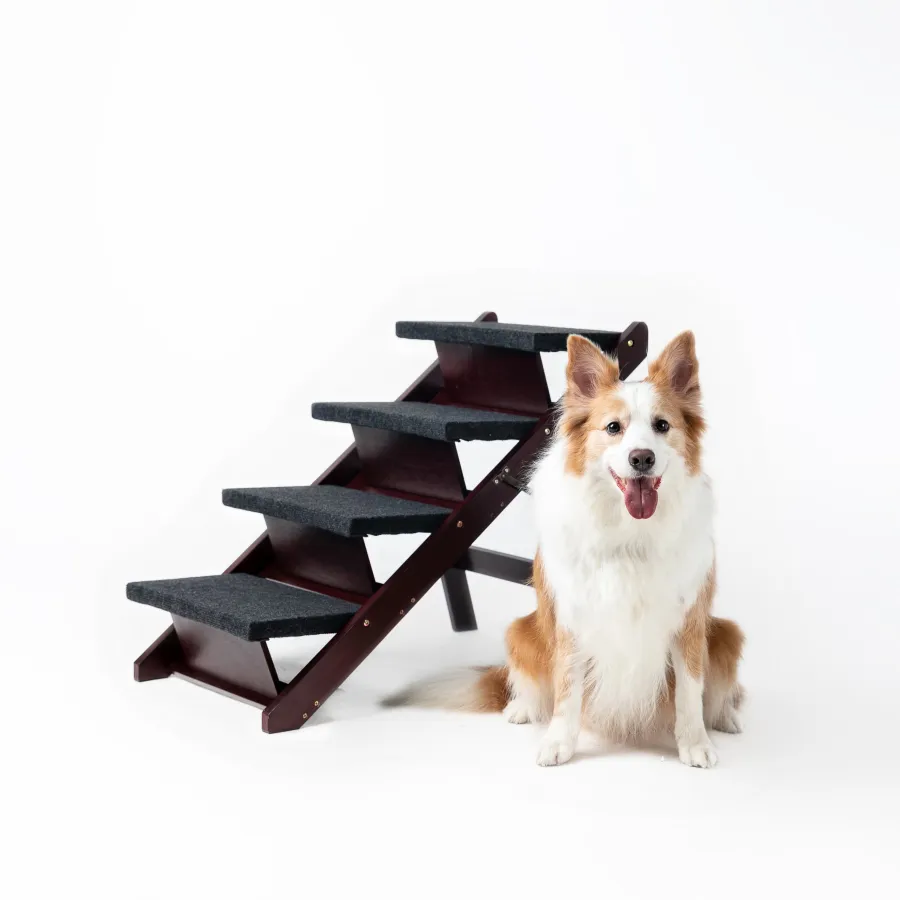 Wooden Dog Stairs Steps - Foldable 4 Levels Pet & Ramp