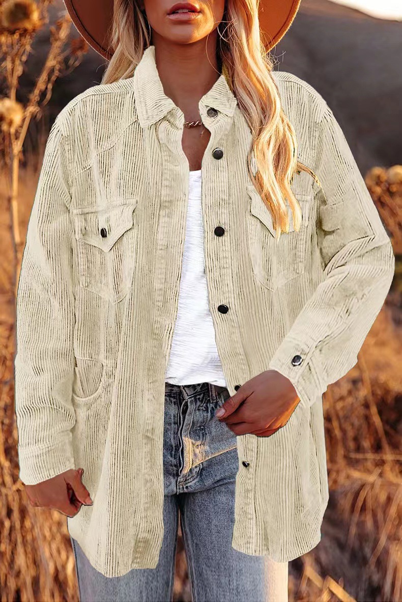 Thick Shirt Corduroy Lapel Button Ladies Jacket Beige - Shop at LoveMi