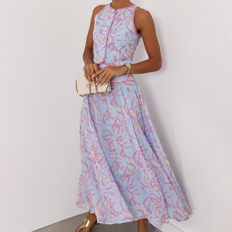 Abstract Print Sleeveless Crop Vest & Flared Midi Skirt 2-Piece Set 7