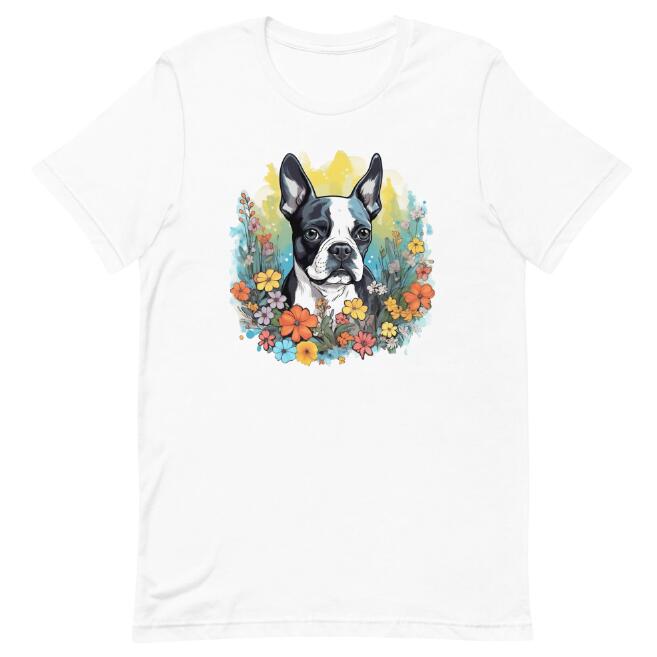 Title 5, Boston Terrier T-Shirt Blumen Digitaldruck Rund...