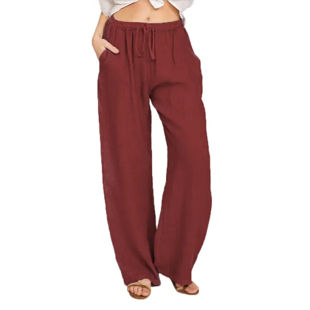 Soft Casual Drawstring Tie Trousers Summer Elastic Waist Loose Jogger Pants With Pockets Burgundy - Shop at LoveMi