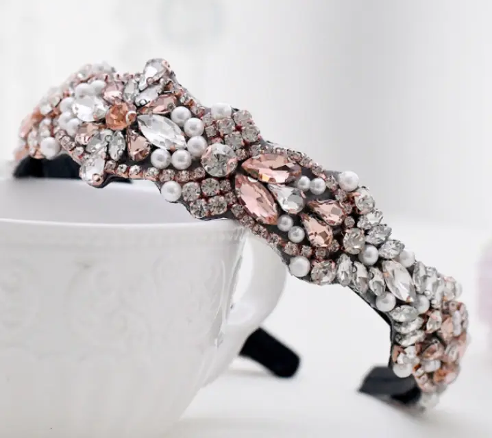 Solid Color Headband Headpiece With Rose Gold Rhinestones
