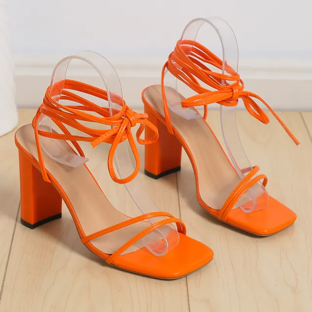 Lace Up Strappy Sandals Summer Chunky Heel Square Toe Shoes Fashion Orange - Shop at LoveMi