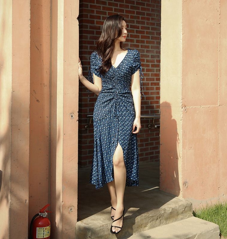 Drawstring Print Dress Nipped Waist Fishtail Irregular