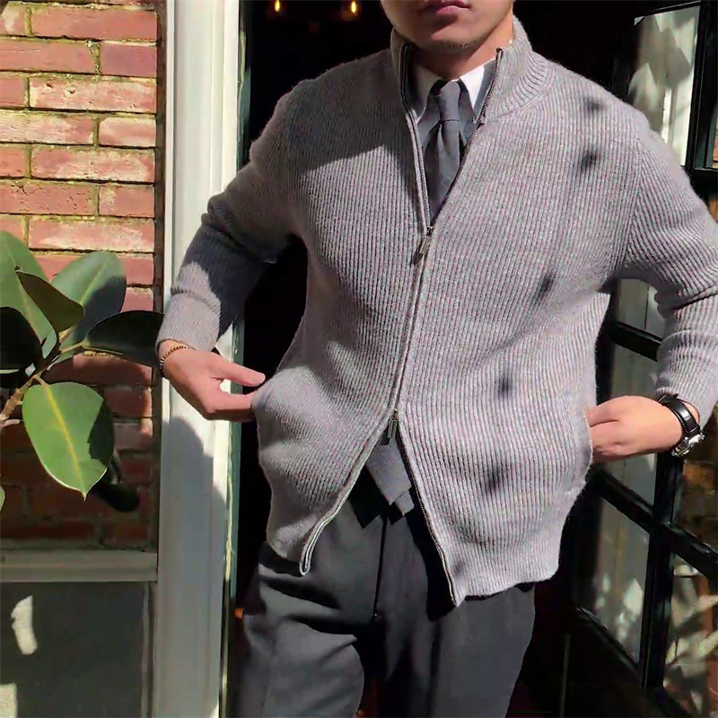 Standing Collar Long Sleeve Cardigan Knit Sweater Man