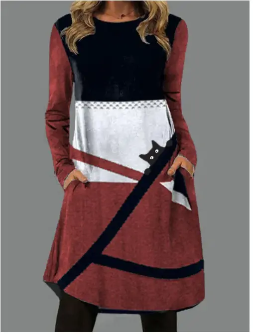 New Women's Printed Round Neck Long Sleeve Pocket Dress