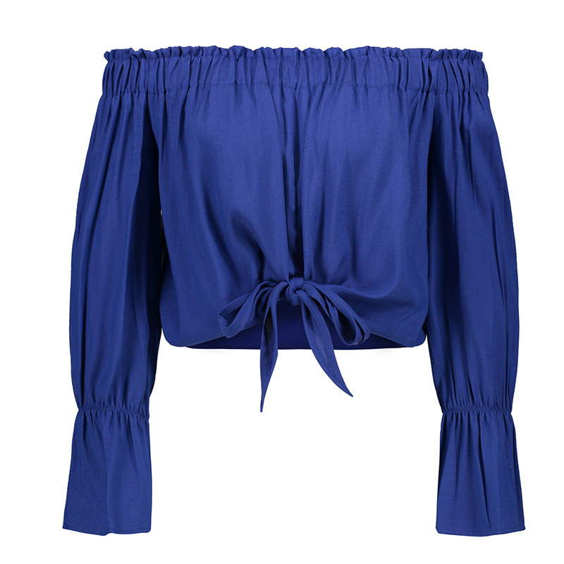 Off-The-Shoulder Sexy Flared Sleeves Lace-Up Sexy One-Word Neck Women Solid Color Blouse