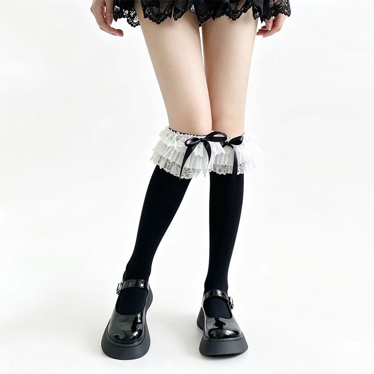 Multi Layer Lace Large Lace Ribbon Bow Calf Socks Spring And Autumn Thin JK Girl Black Mid Tube Socks