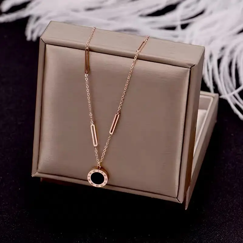 Titanium Steel Black And White Mother Of Pearl Double-sided Roman Necklace For Women