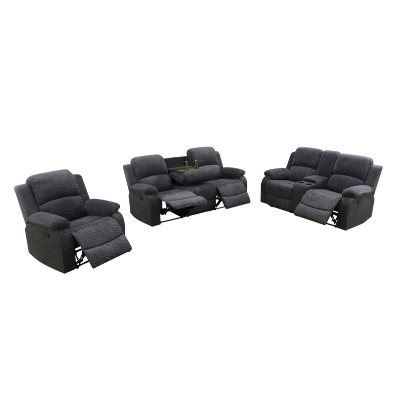 Pickup Only--Dark Grey Corduroy 3-Piece Living Room Recliner Sofa
