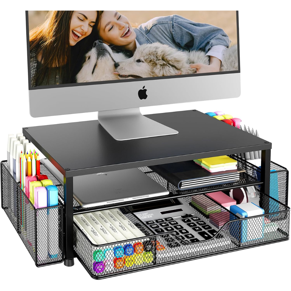 Desk Organizer And Accessories, 2 Tier Computer Monitor Stand Riser With Drawer And 2 Pen Holders, Laptop Stand, Office Desk Accessories For Office Supplies, Black
