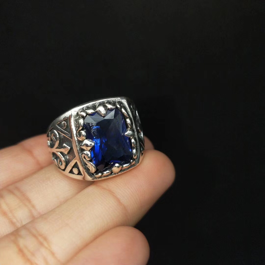 1pcs 925 Sterling Silver Ornate Blue Stone Statement Ring, Retro Masculine Style, Ideal For Birthdays & Men's Gothic Gifts