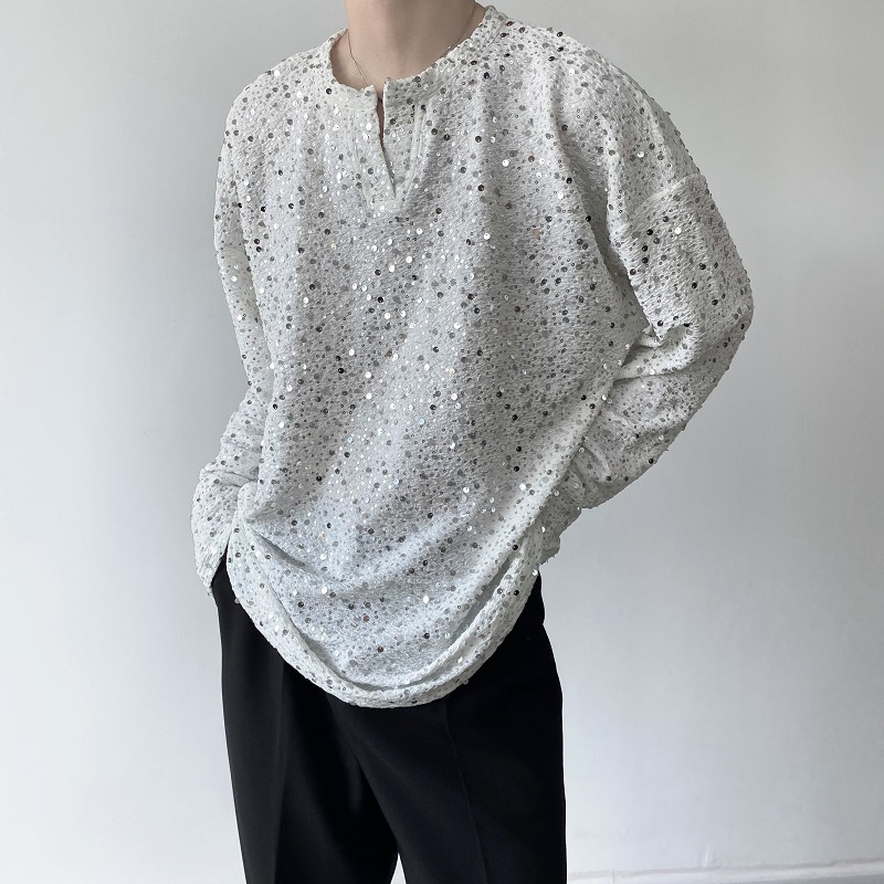 Full Sequins Small V-neck T-shirt Men's Glitter Sequins