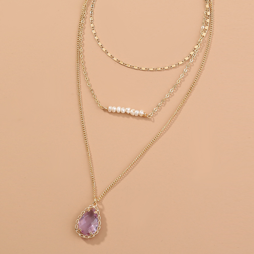 Natural fresh water rice bead Zircon multi-layer copper necklace