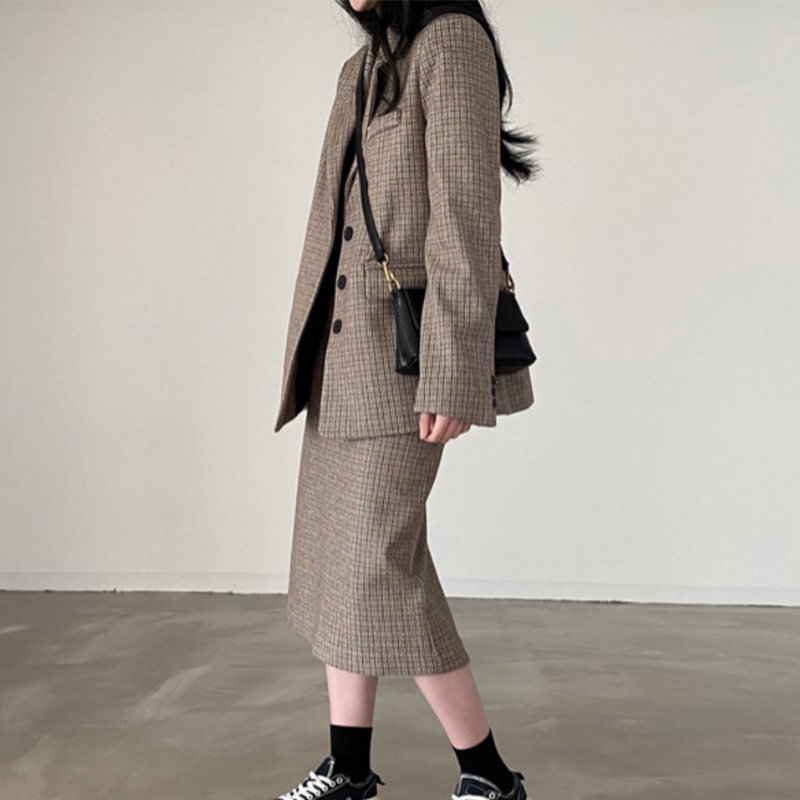 Retro Plaid Suit Collar Three Buttons Long Sleeve Jacket  High Waist A Line Bag Hip Skirt Women