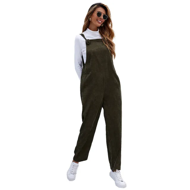 Fall Casual Loose Corduroy Solid Color Strap Ladies Jumpsuit Army Green - Shop at LoveMi
