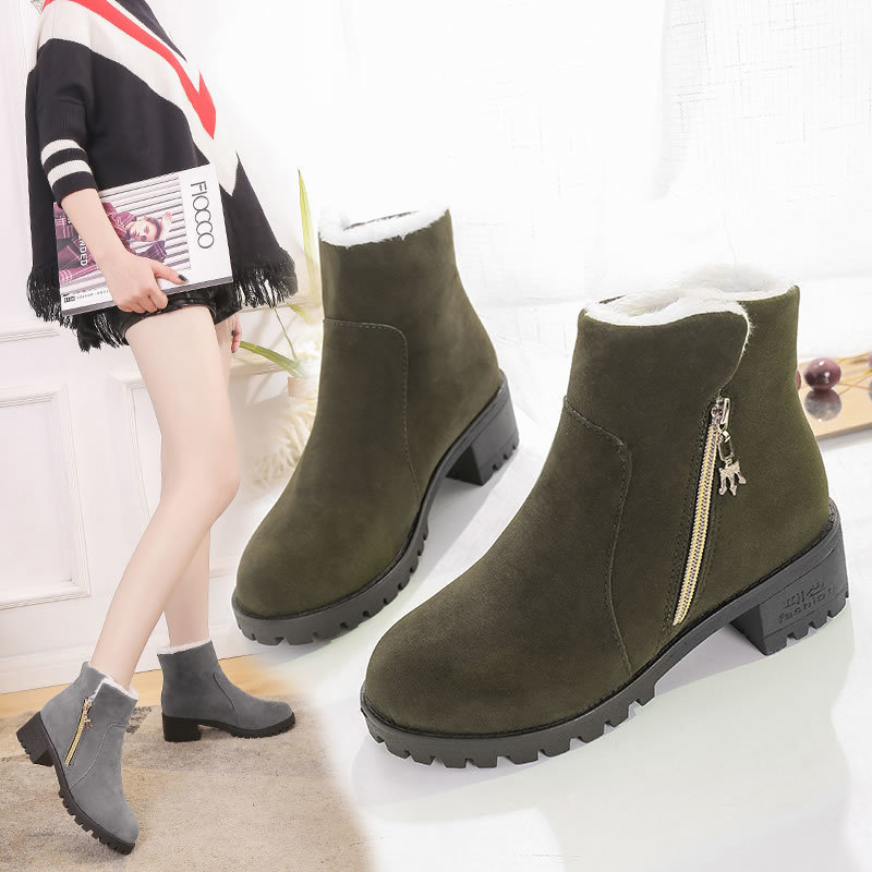 Title 7, Short Suede Side Zip Student Thick Mid-Heel Boots