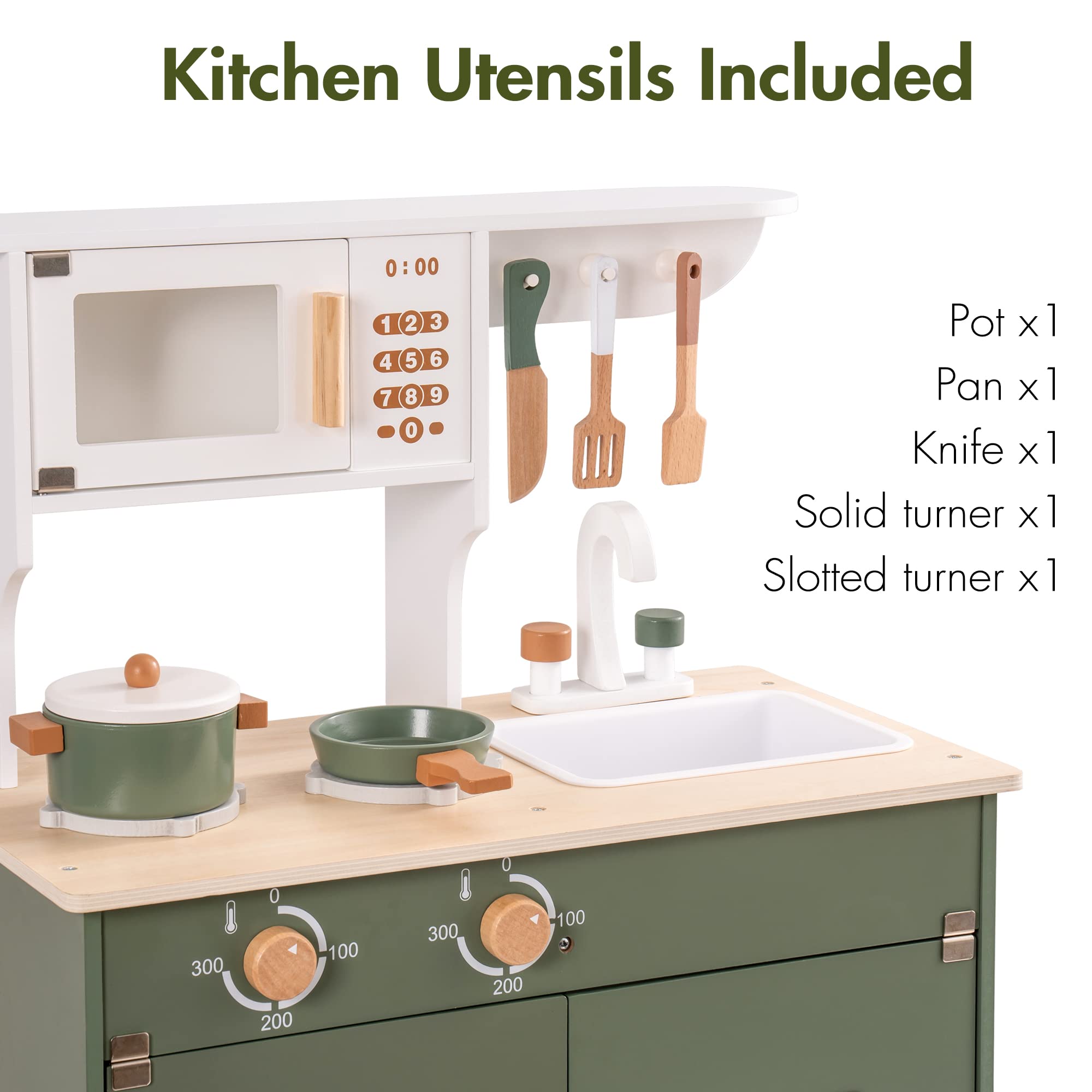 Green Wooden Kitchen Toy Set with Accessories. Material :Wood Brand:ROBUD Item dimensions L x W x H:55 x 28 x 79 centimetres Age range (description):Kid About this item Wooden kitchen play set: the preschool kitchen sets are made of natural wood, sturdy a