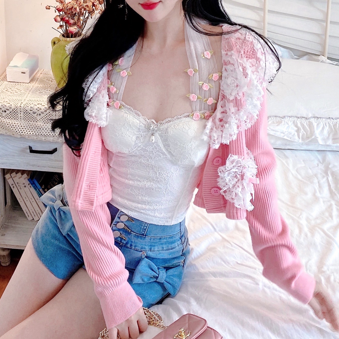 Lace Knitted Doll Collar Big Lapel Coat Age-reducing Sweet Princess Top