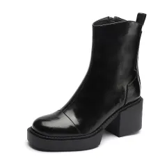 Women's Round Toe Horse Oil Leather Ankle Boots - Black - View 1