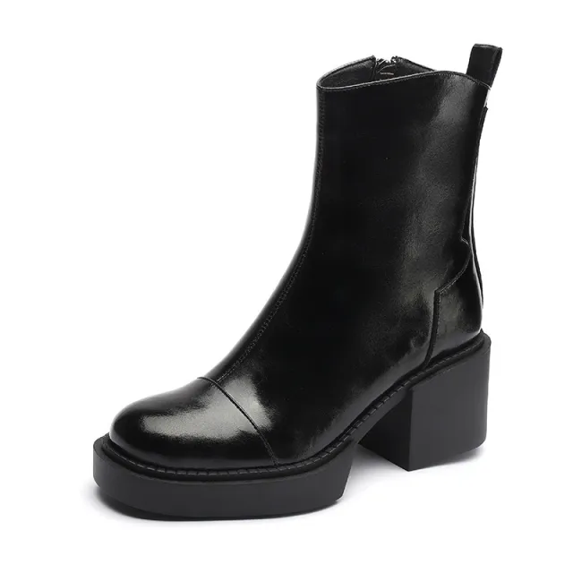 Women's Round Toe Horse Oil Leather Ankle Boots Black - Shop at LoveMi