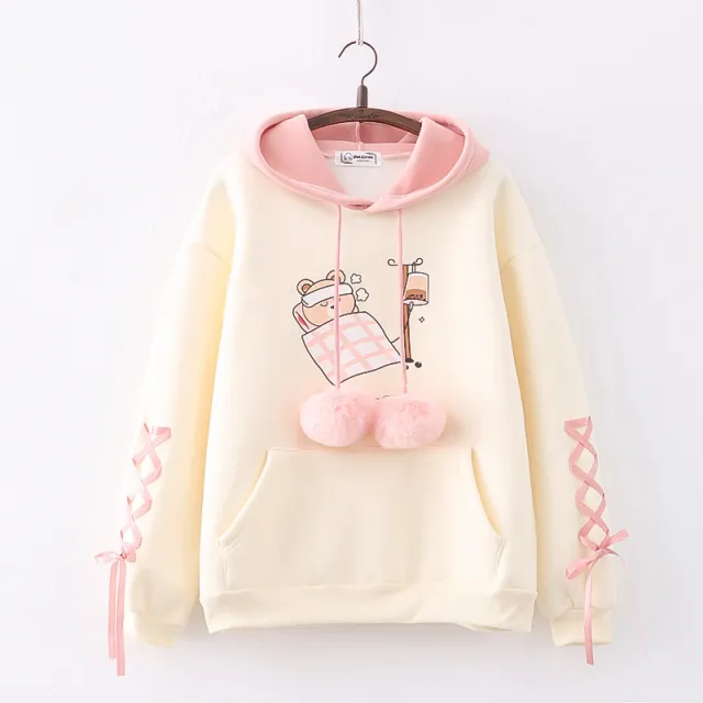 Women's Cartoon Printed Color Matching Fleece Thickened Sweater Pink - Shop at LoveMi