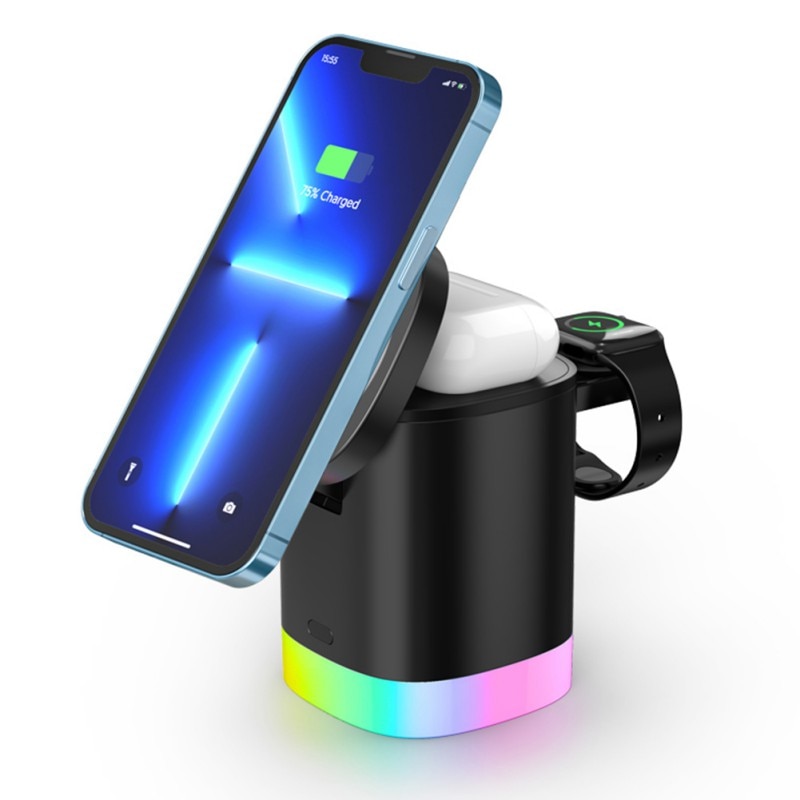 3-in-1 wireless charger for mobile phone, smart watch, and AirPods, sleek design for fast charging.