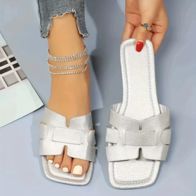 Square Toe Flat Sandals Summer Hollow Out Slides Slippers Women Footwear Silver - Shop at LoveMi