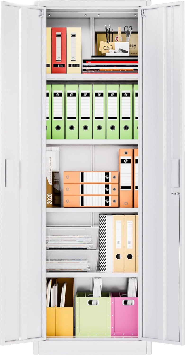 SUPEER Filing Cabinet, Metal Cabinet With 4 Height-Adjustable Shelves, Sheet Steel Powder Coating, Steel Cabinet For Tools, Garage, H 180 Cm X W 60 Cm X D 40 Cm White