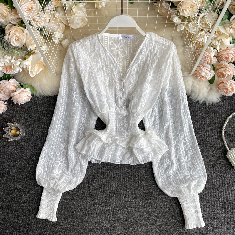 Korean Version Of Retro Heavy Industry Embroidered Shirt Women Autumn Wear Carefully Machine V-neck