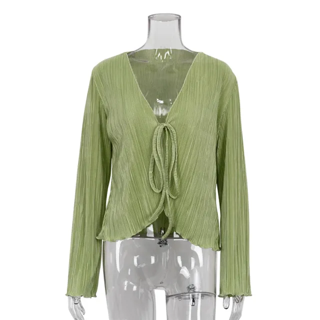 Top Slim Horn Long Sleeve Pleated Shirt Female Green - Shop at LoveMi