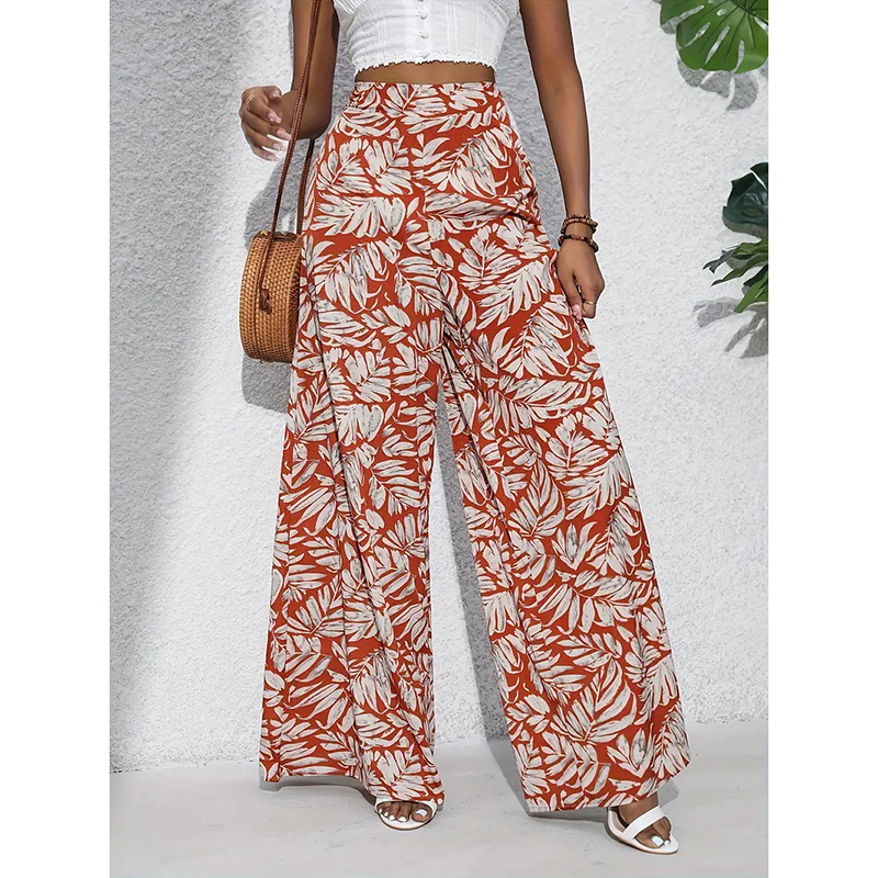 Palazzo Pants For Women Casual High Waist Printed Wide Leg Pant Trendy Boho Trousers Fashion Beach Outfits Red - Shop at LoveMi