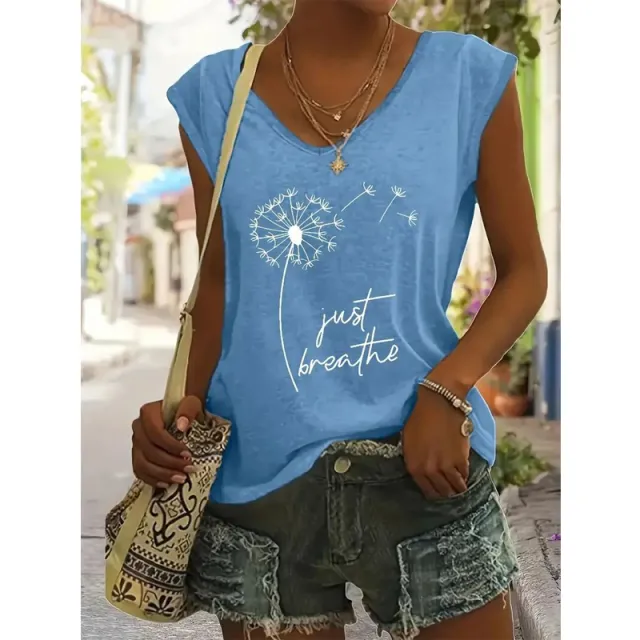 Women's V Neck Dandelion & Letter Print T Shirt Casual Short Sleeve Summer Top Blue - Shop at LoveMi