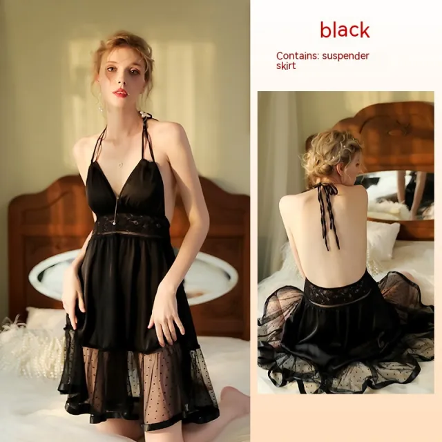 Lace Homewear Women's Ice Silk Pajamas With Straps 458 Black - Shop at LoveMi