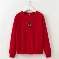 Butterfly Embroidery Cropped Short Long-sleeved Sweater - Red - View 1