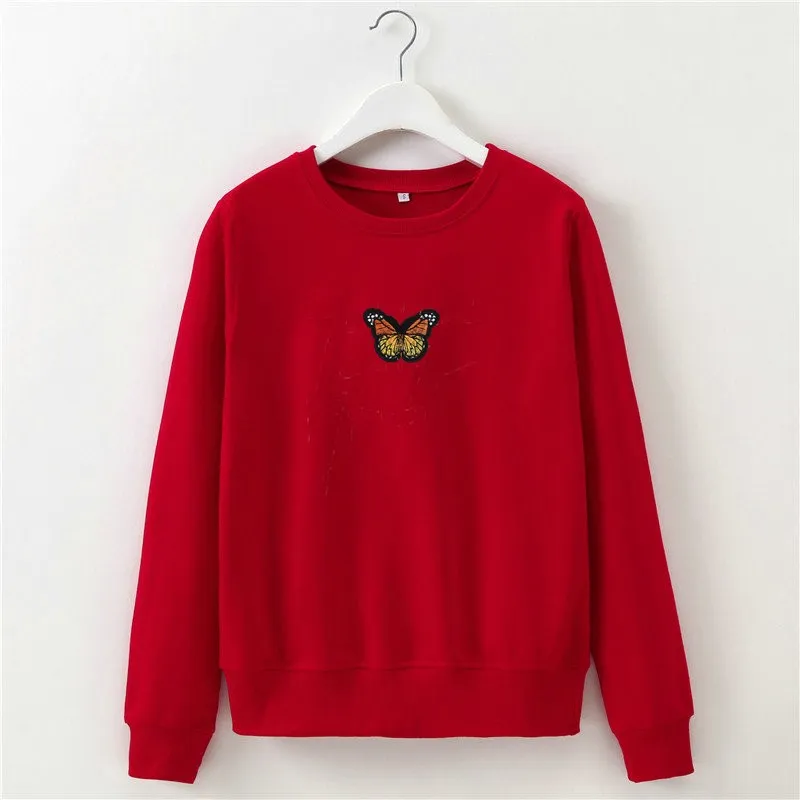 Butterfly Embroidery Cropped Short Long-sleeved Sweater - Red