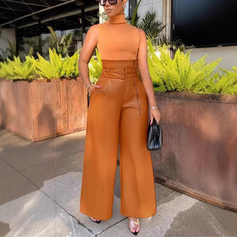 Women's Fashion High Waisted PU Wide Leg Pants, Solid Color Metal Belt Detail Trousers With Pockets Yellow - Shop at LoveMi