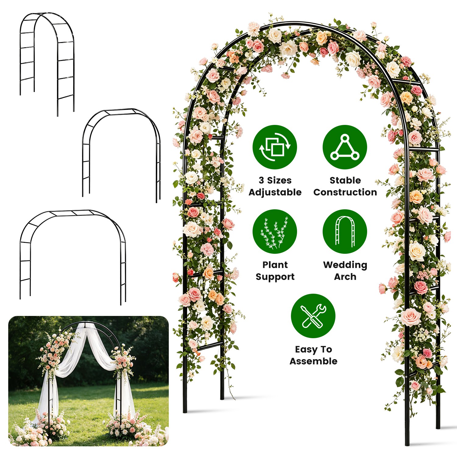 2Pcs Or 1Pcs Options 7.87Ft H X 4.59Ft W Adjustable Metal Garden Arches DIY Outdoor Trellis For Climbing Plants Wedding Arch Decoration Iron Arbor For Backyard Garden Entrance