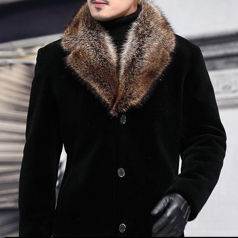 Men's Single-breasted Thickened Mid-length Tweed Trench Coat