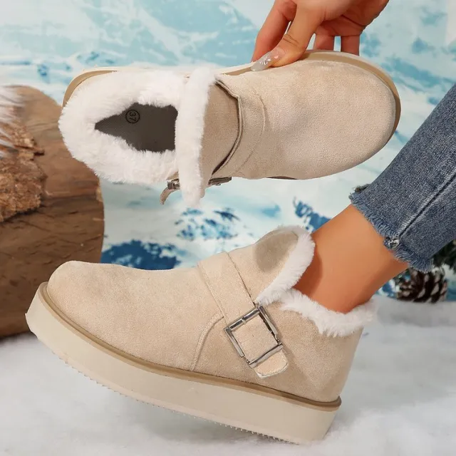 Winter Buckle Snow Boots Fashion Flat Thick soled Cotton Shoes Round Toe Plus Velvet Warm Ankle Boot For Women Beige - Shop at LoveMi