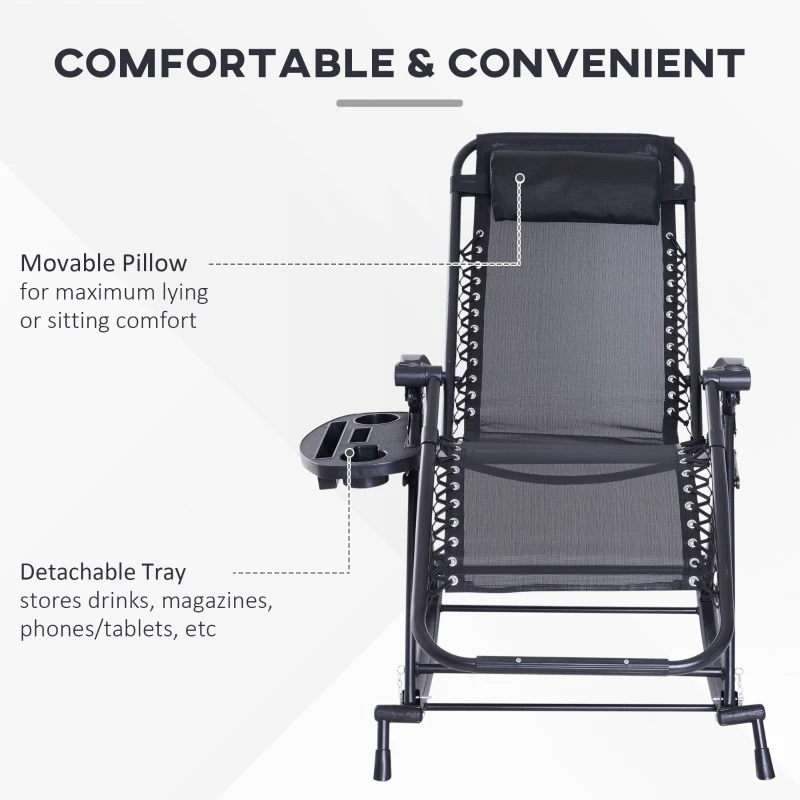 Outdoor Rocking Chairs, Foldable Reclining Zero Gravity Lounge Rocker With Pillow, Cup & Phone Holder, Combo Design With Folding Legs, Black thumbnail 4