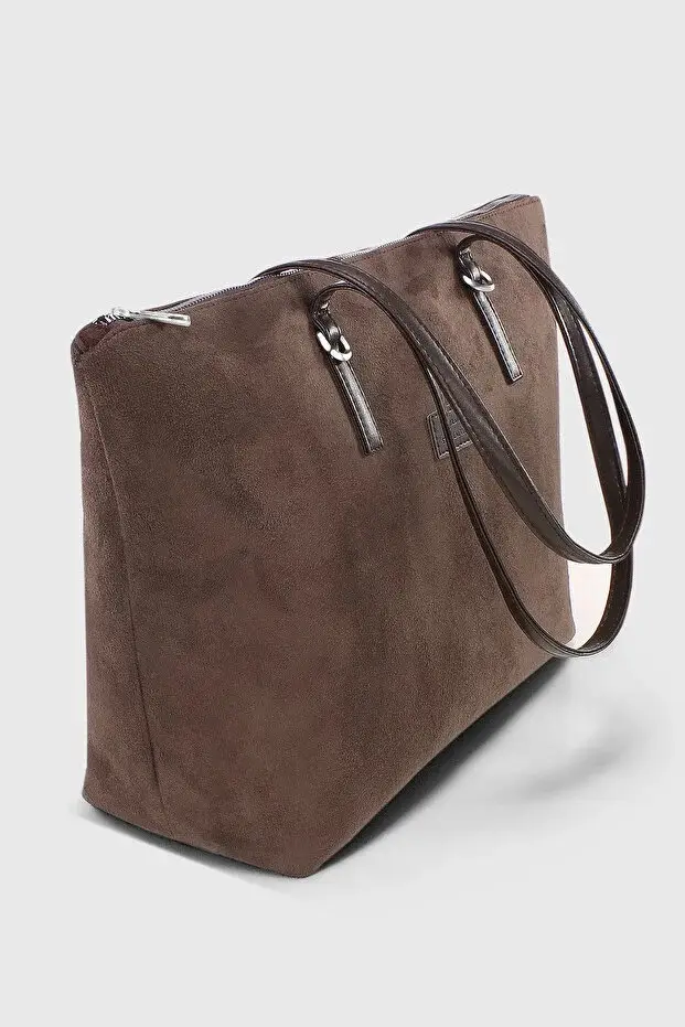 Brown Suede Shopper Bag For Women