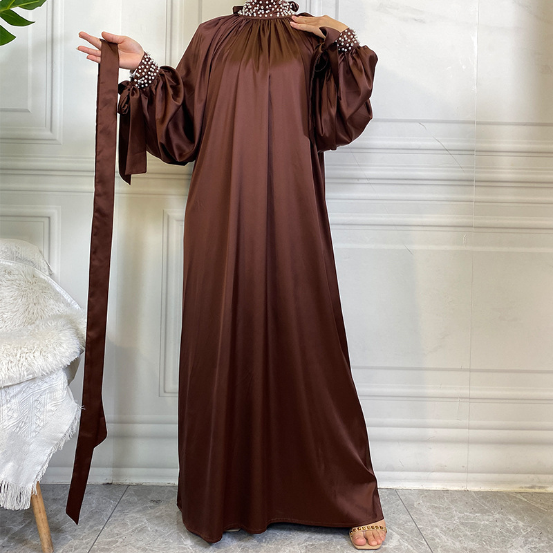 Satin Dress With White Pearl Neck And Cuffs Coffee - Shop at LoveMi