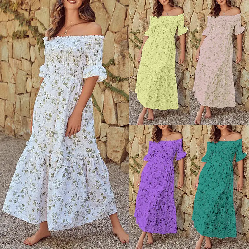 Printed Elasticated Ruffled One-Neck Lotus Leaf Short-Sleeved Dress