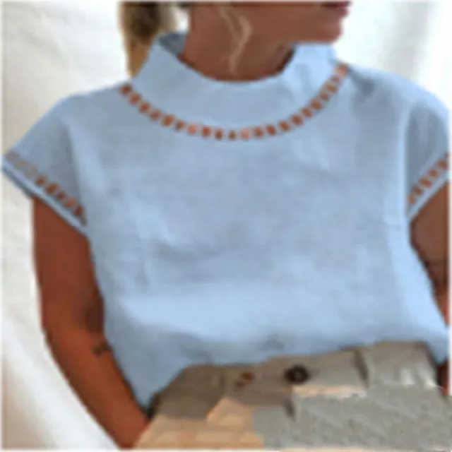 New European And American Women's Clothing Pullover Solid Color Lace Slim Stand Collar Shirt Blue - Shop at LoveMi
