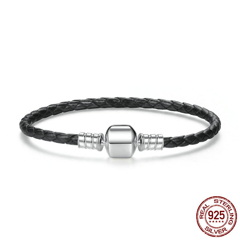 S925 Sterling Silver Buckle Leather Braided Bracelet