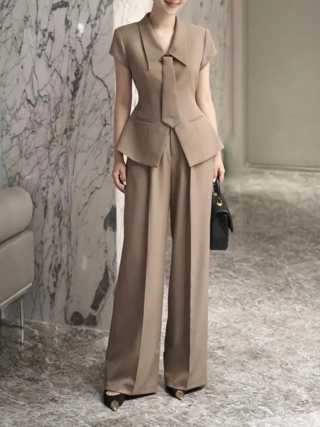Elegant Commuting Short sleeved Shirt & Wide leg Pants Suit Khaki - Shop at LoveMi