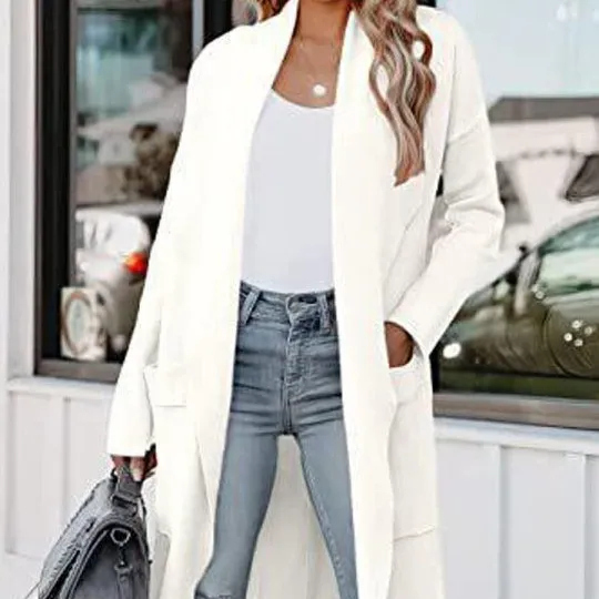 Solid Colour Long Cardigan Pocket Tweed Jacket White - Shop at LoveMi
