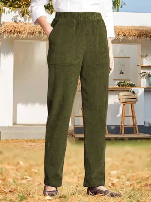 Women's Solid Color Elastic Waist Corduroy Straight Casual Pants Army Green - Shop at LoveMi